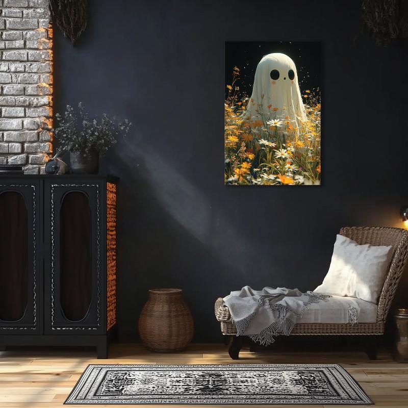 Cute Ghost in Flower Field Canvas Print - Whimsical Halloween Wall Art for Playful Home Decor