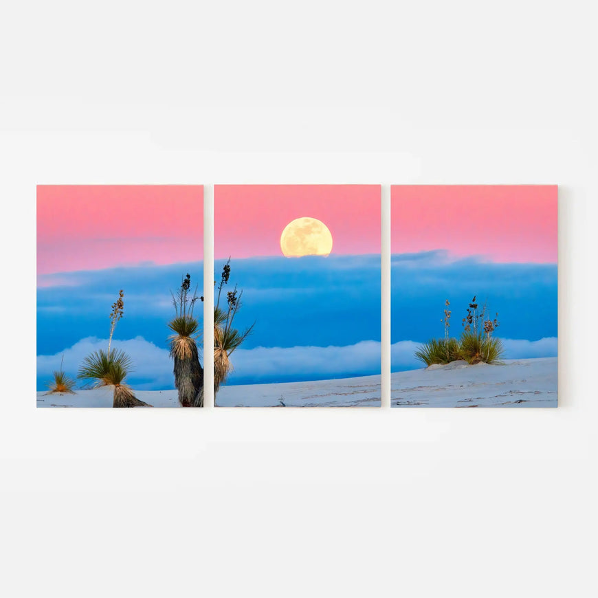 Moonrise Over Desert Triptych Canvas Print - Pink and Blue Sky Landscape | Set of 3 Wall Art for Tranquil Home Decor June Wall Art