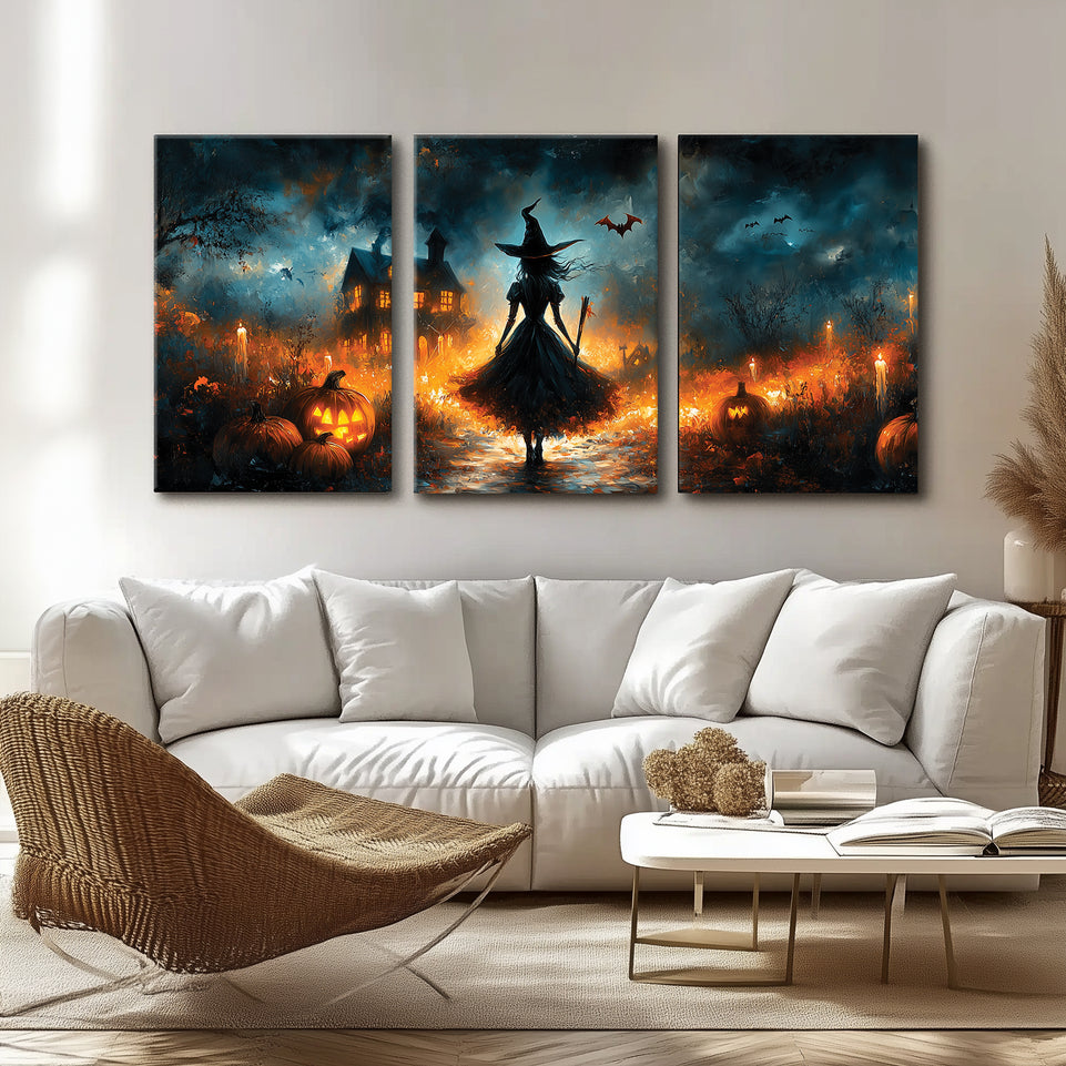 Witch and Pumpkin Halloween Canvas Print - Spooky Wall Art for Halloween Home Decor