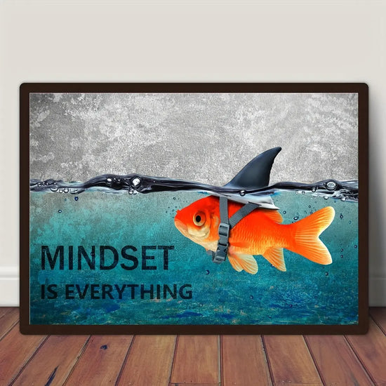 Mindset is Everything" - Motivational Canvas Wall Art with Blue Goldfish & Shark, Frameless Inspirational Quote Poster for Office, Bedroom, Bathroom Decor | Modern Minimalist Design, Indoor Use, Motivational Wall Art June Wall Art