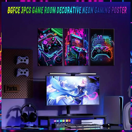 3pcs Game Room Decor Neon Gaming Posters Wall Art Gamer Accessories Theme Canvas Print Game Console Painting Picture for Children Youth Game Boys Bedroom Teen Wall Decor Unframed 12"x16"x3 https://www.amazon.com/dp/B0CPCHHKQD
