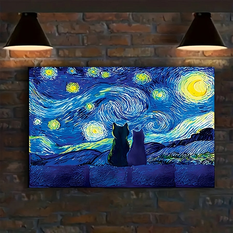 1pc Frameless Retro Encaustic Art Canvas Painting - Whimsical Cat Under The Stars Art Print for Bathroom, Bedroom, Home Office, Kitchen, Living Room Wall Decor - Unique Animal Print Artwork for Fall and Winter Seasons