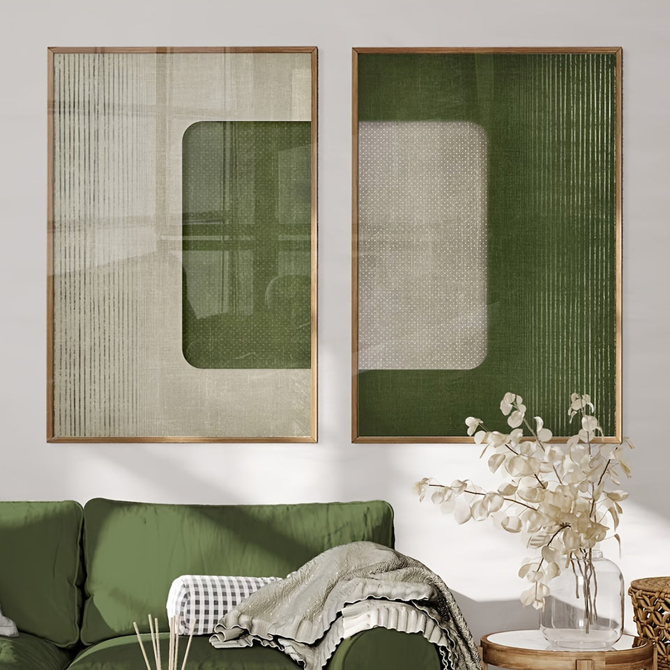 Set of 2 Large-Scale Modern Abstract Geometric Canvas Prints - Vibrant Green Wall Art with Mid Century Retro Style for Indoor Decor - Unframed, Perfect for Bedroom, Living Room, Dining Room, Home Office, and Restaurants