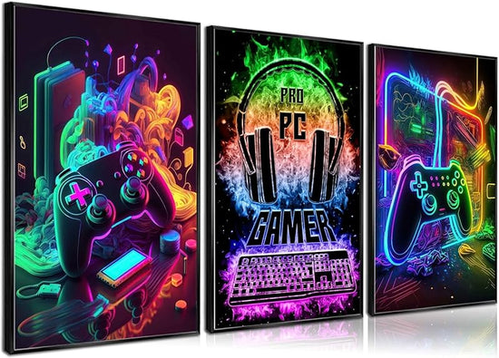 3Pcs Cool Gaming Wall Art Retro Video Game watercolor Posters Pictures Colorful Neon Gamepad Canvas Painting Prints for Boys Room Kids Game Room Bedroom for Boys Home Decoration 12x16in Unframed https://www.amazon.com/dp/B0CP7W91H7
