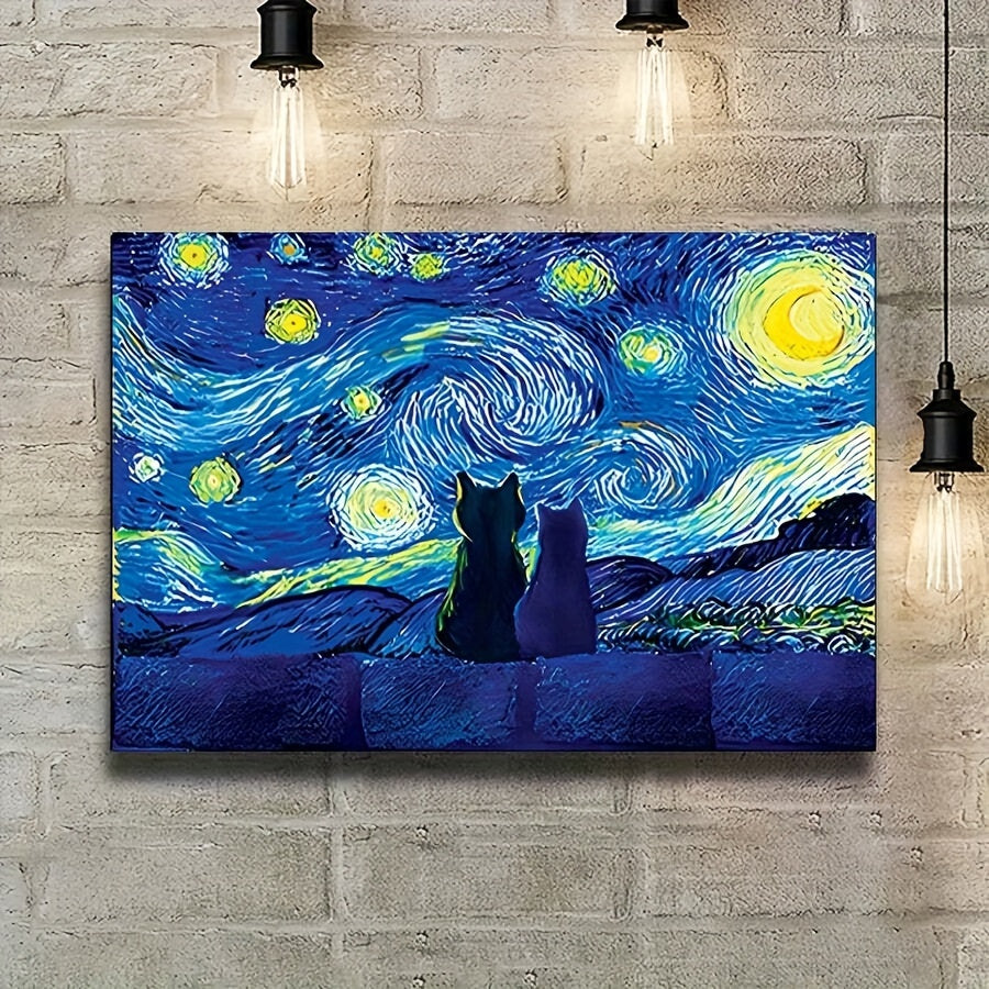 1pc Frameless Retro Encaustic Art Canvas Painting - Whimsical Cat Under The Stars Art Print for Bathroom, Bedroom, Home Office, Kitchen, Living Room Wall Decor - Unique Animal Print Artwork for Fall and Winter Seasons