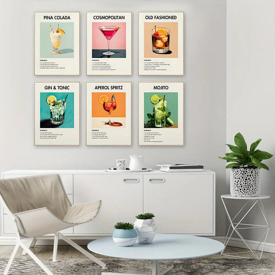 Set of 6 Vintage Cocktail Poster Set - Colorful Canvas Prints for Bar Cart Decor, Aesthetic College Apartment Wall Art, Trendy Drink Recipe Pictures, Unframed and Ready to Hang June Wall Art