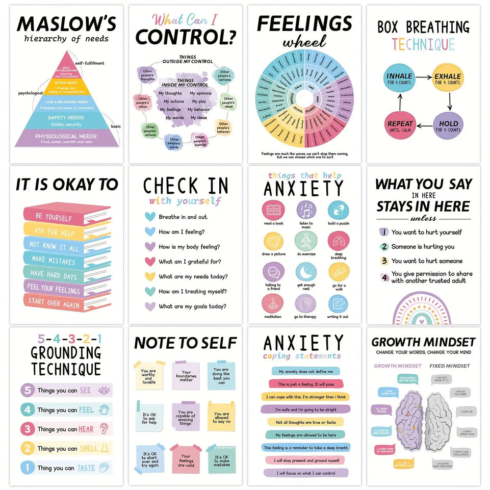 [12 Mental Health Posters Inspirational] 12pcs Mental Health Posters, Office Decor, Counseling Office Must Haves School Counselor Supplies, Mental Health Wall Art Decor Home Office Classroom Inspirational Positive Poster (10" June Wall Art