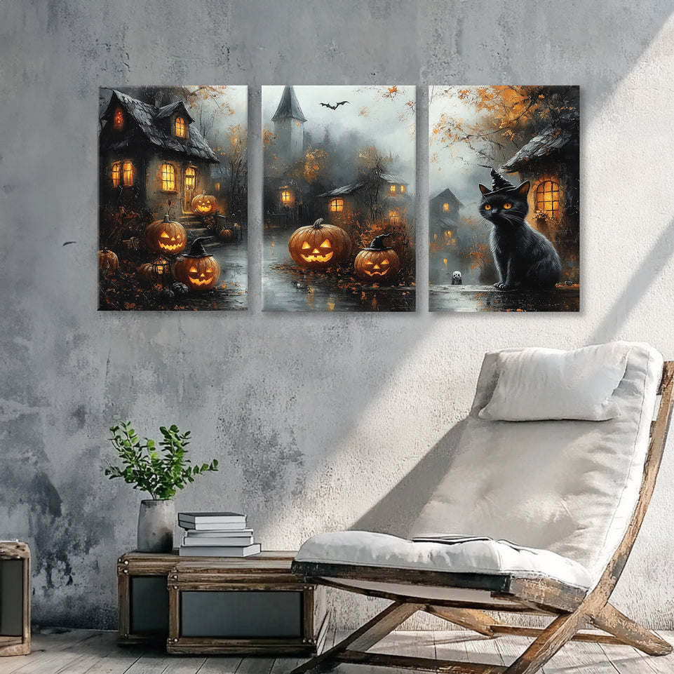 Black Cat and Jack-O’-Lantern Halloween Canvas Print - Haunted House Wall Art for Spooky Home Decor