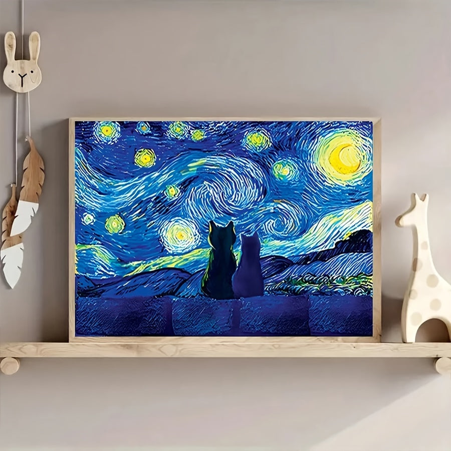 1pc Frameless Retro Encaustic Art Canvas Painting - Whimsical Cat Under The Stars Art Print for Bathroom, Bedroom, Home Office, Kitchen, Living Room Wall Decor - Unique Animal Print Artwork for Fall and Winter Seasons