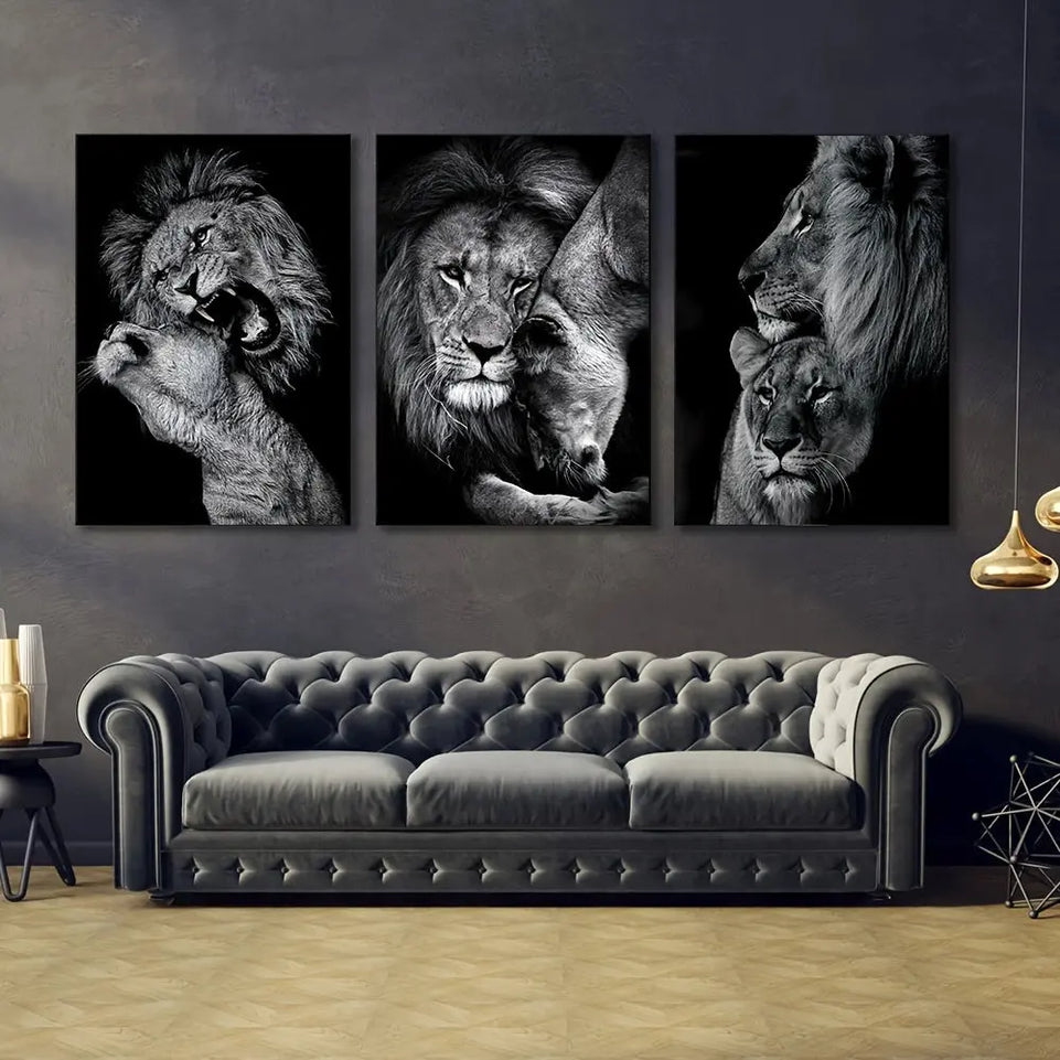 [3pcs Modern Art Canvas Poster] 3pcs Unframed Canvas Poster, Modern Art, Animal Family Poster, Lion Family Poster, Ideal Gift For Bedroom Living Room Corridor, Wall Art, Wall Decor, Winter Decor, Room Decoration June Wall Art