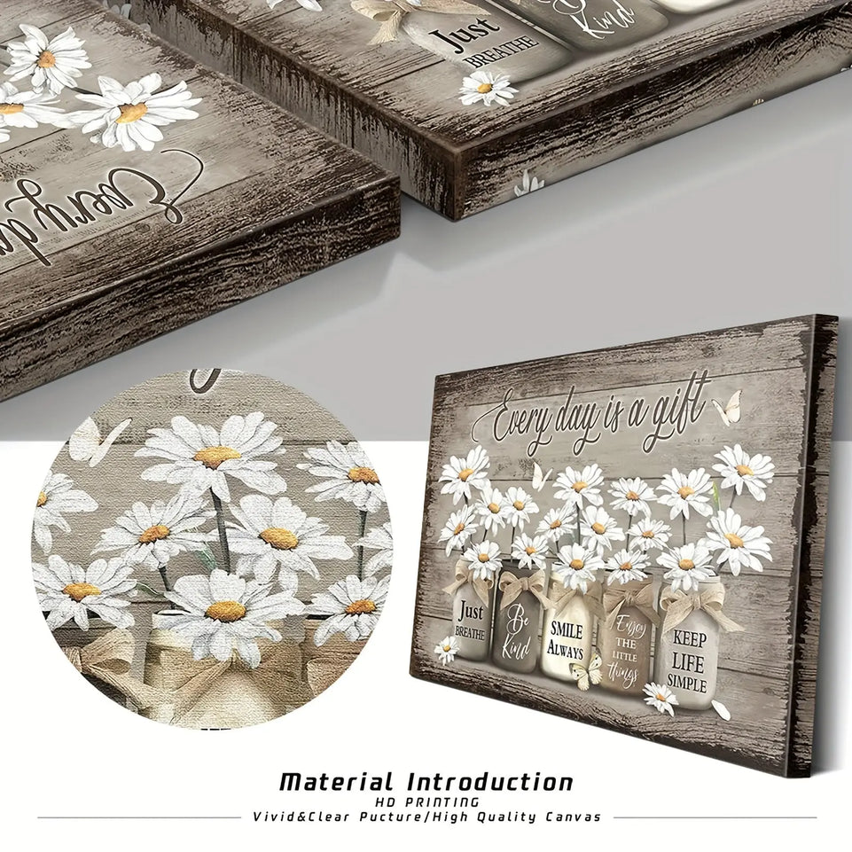 [1pc Rustic Daisy Butterfly Wall Art] 1pc Wooden Framed Rustic Wall Art Daisy Butterfly Gift Canvas Vintage Floral Wall Art, Flowers Inspirational Picture For Bedroom Living Room Bathroom Office Wall Decor Framed Home Decorat June Wall Art