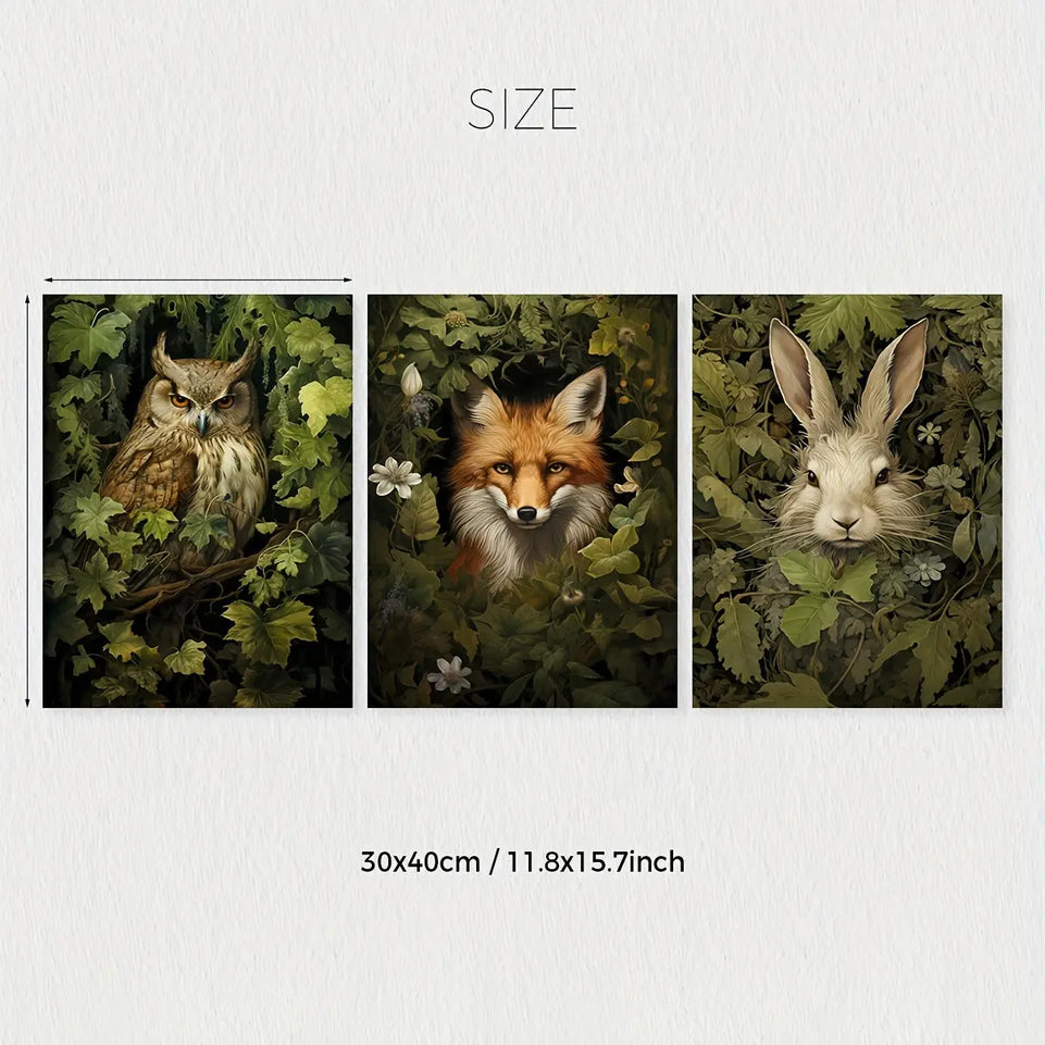 [3pcs Magical Forest Canvas Poster] 3pcs/set Unframed Canvas Poster, Retro Art, Magical Forest Animal Wall Art, Forest Witch Wall Art, Woodland Animal Poster, Ideal Gift For Bedroom Living Room Corridor, Wall Art, Wall Decor, June Wall Art