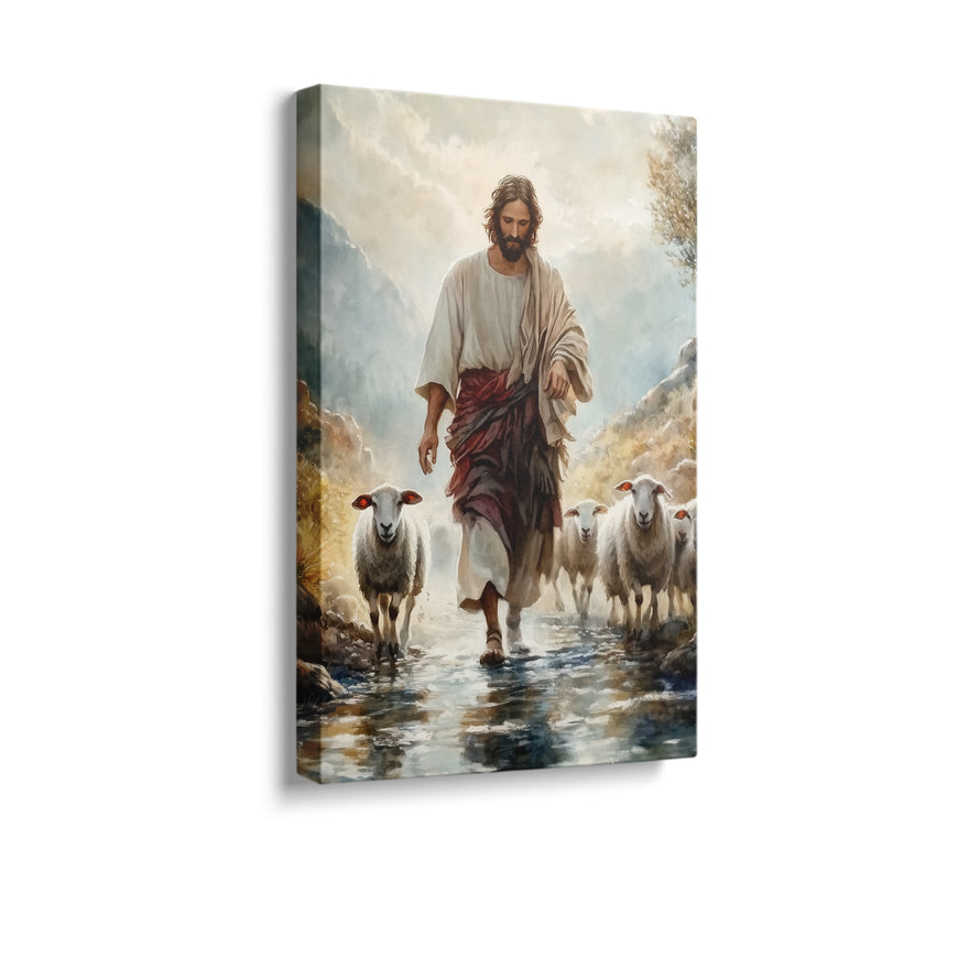 Jesus Shepherding Sheep Canvas Print - Inspirational Christian Wall Art for Faithful Home Decor