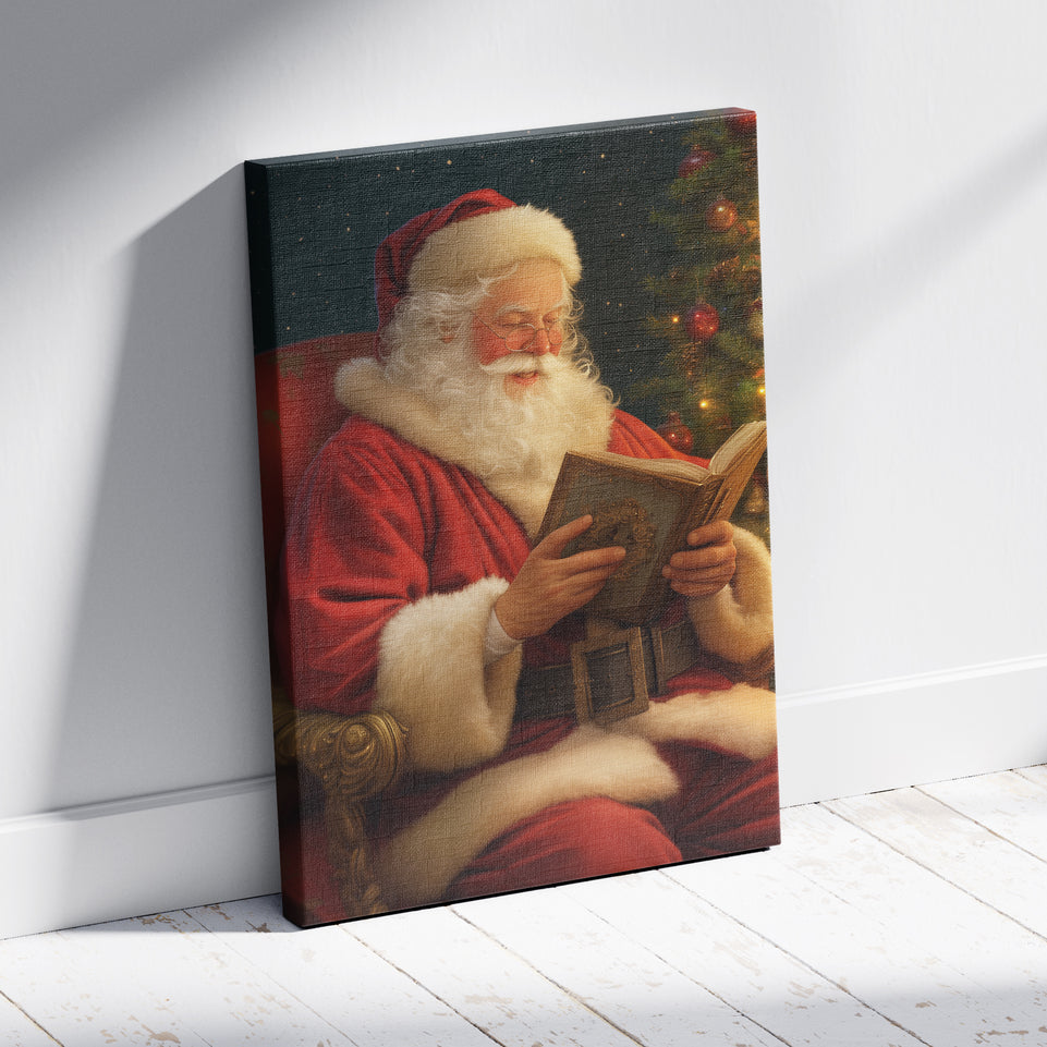 Santa Claus Reading Christmas Story Canvas Print - Festive Holiday Wall Art for Cozy Home Decor