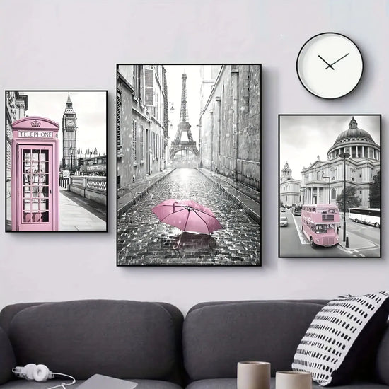 3pcs Canvas Poster, Modern Art, Eiffel Tower Girls Bedroom Decoration, Lightpink Paris Theme Room Decoration Wall Art, Ideal Gift For Bedroom Living Room Corridor, Wall Art, Wall Decor, Fall Decor, Wall Decor, Room Decoration June Wall Art