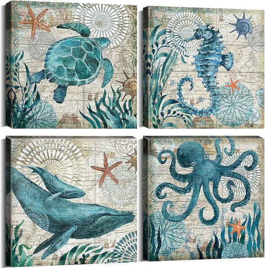 Bathroom Wall Art Beach Decor Ocean Sea Turtle Octopus Canvas Pictures Coastal Room Decor Teal Bathroom Accessories Vintage Whale Seahorse Poster Modern Nautical Painting Bedroom Home Decorations https://www.amazon.com/dp/B07HMJFDK3
