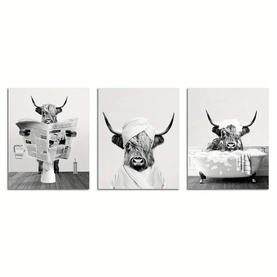 3pcs/set Funny Highland Cow Wall Art In Bathtub, Black And White Canvas Cow In Bathroom Picture, Humor Animals Bathroom Artwork Prints Rustic Farmhouse Style Wall Decor For Living Room,Bedroom, Kids Bathroom Decor, 12x16 Inch, No Frame https://www.temu.com/search_result.html?search_key=601099514837992