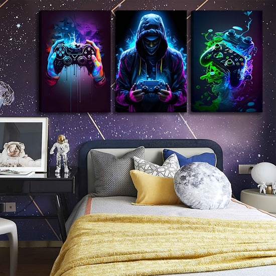 3pcs Retro Gaming Canvas Art Set - Colorful Neon Gamepad Watercolor Posters, Unframed Wall Decor for Boys' & Youngsters' Rooms https://www.temu.com/search_result.html?search_key=601099588585525