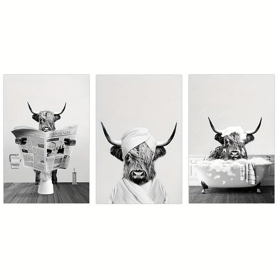 3pcs/set Funny Highland Cow Wall Art In Bathtub, Black And White Canvas Cow In Bathroom Picture, Humor Animals Bathroom Artwork Prints Rustic Farmhouse Style Wall Decor For Living Room,Bedroom, Kids Bathroom Decor, 12x16 Inch, No Frame https://www.temu.com/search_result.html?search_key=601099514837992