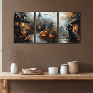 Black Cat and Jack-O’-Lantern Halloween Canvas Print - Haunted House Wall Art for Spooky Home Decor