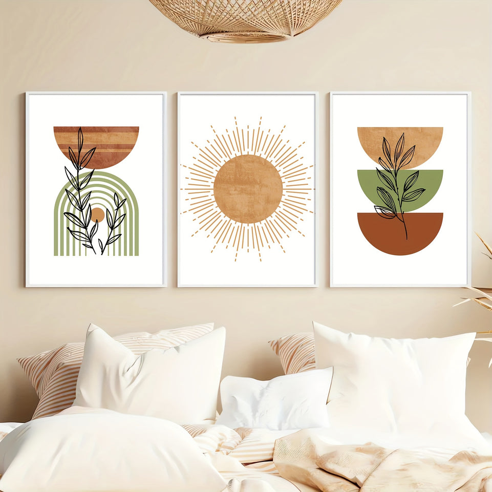 Set of 3 Vibrant Mid Century Boho Art Posters - Unframed Canvas Prints with Geometric Botanical Designs - Ideal for Modern Home Decor, Living Room, Bedroom, Apartment, and Office Walls