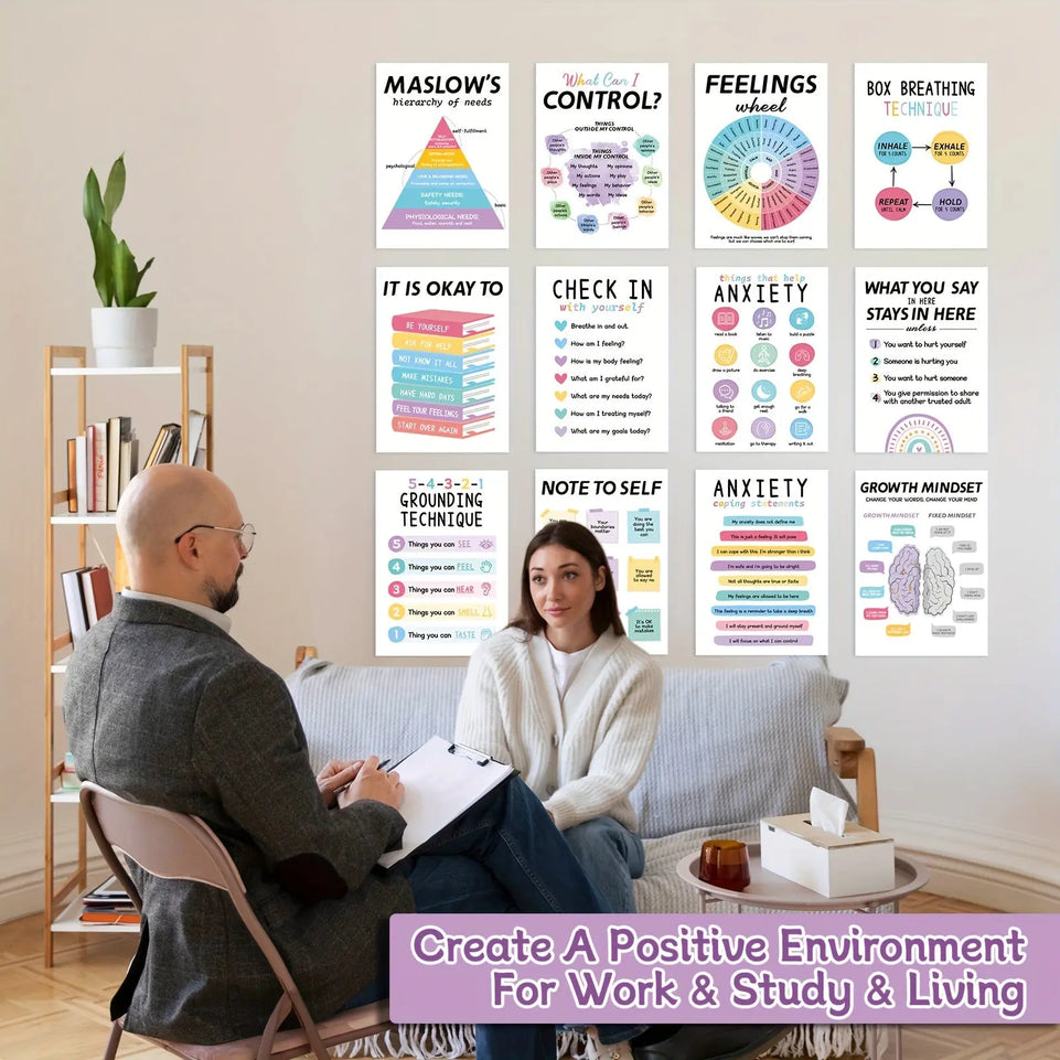 [12 Mental Health Posters Inspirational] 12pcs Mental Health Posters, Office Decor, Counseling Office Must Haves School Counselor Supplies, Mental Health Wall Art Decor Home Office Classroom Inspirational Positive Poster (10" June Wall Art