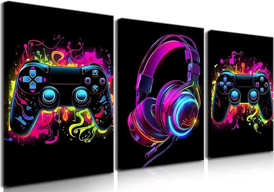 3pcs Game Room Decor Neon Gaming Posters Wall Art Gamer Accessories Theme Canvas Print Game Console Painting Picture for Children Youth Game Boys Bedroom Teen Wall Decor Unframed 12"x16"x3 https://www.amazon.com/dp/B0CPCHHKQD