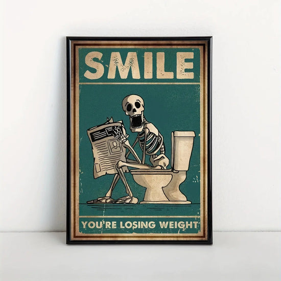 1pc Vintage Skeleton Reading Newspaper Canvas Poster - Humorous "Smile You're Losing Weight" Wall Art, Retro Teal Decor for Living Room, Unframed, Indoor Decor|Vintage Poster|Printed Wall Art, Vintage Wall Art June Wall Art