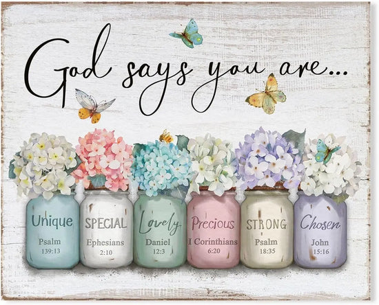 Inspirational Bible Verse Wall Art: God Says You Are Wall Sayings Flowers in Mason Jar Picture Print Christian Gift Quotes Poster for Women Girl Bedroom Decor 12" x 15" https://www.amazon.com/dp/B0C5R38HHX
