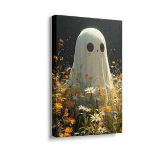 Cute Ghost in Flower Field Canvas Print - Whimsical Halloween Wall Art for Playful Home Decor