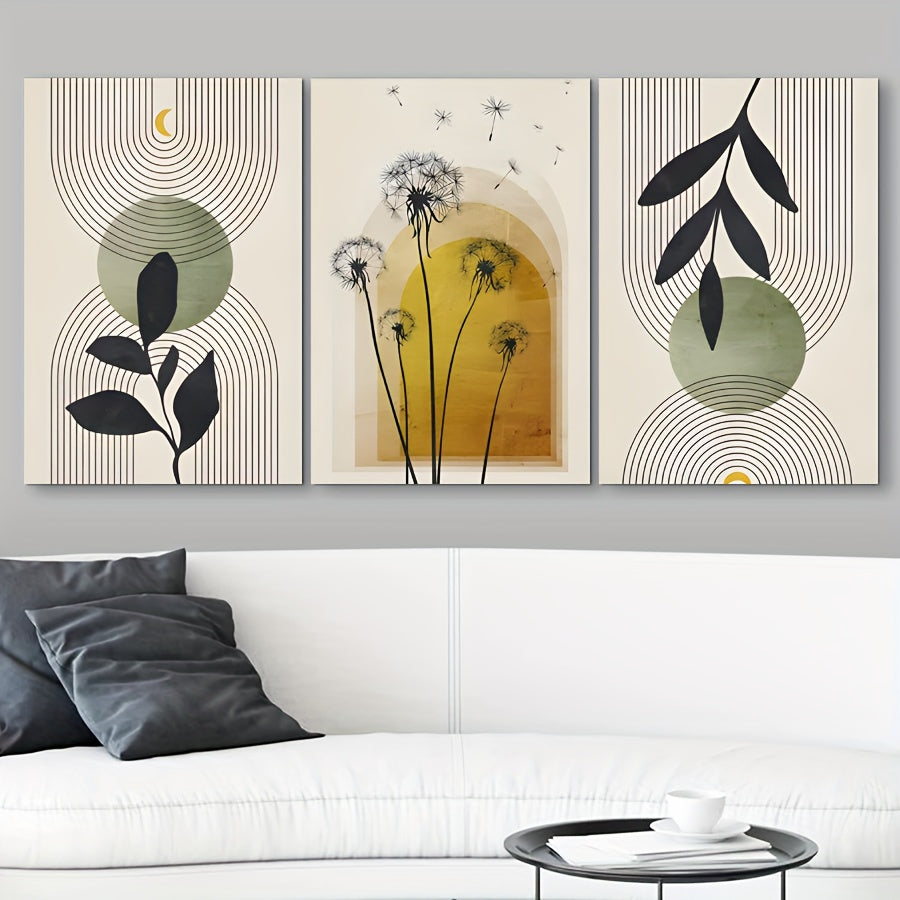 Set of 3 Boho Green Yellow Abstract Botanical Framed Canvas Poster, Modern Wall Art for Bedroom, Living Room, and Corridor, Ideal Decor and Room Decoration Gift