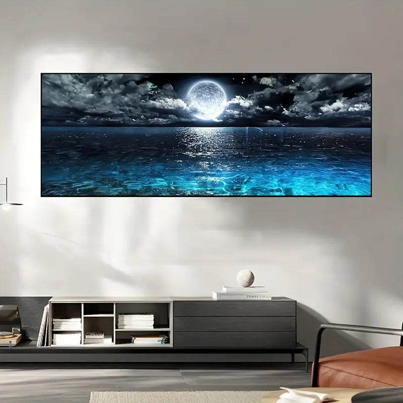 [1pc Modern Ocean Poster] 1pc Canvas Poster, Modern Art, Modern Abstract Ocean And Night Moon Landscape, Oil Painting, Ideal Gift For Bedroom, Decor Wall Art, Wall Decor, Fall Decor, Wall Decor, Room Decor, Room Decoration, N June Wall Art