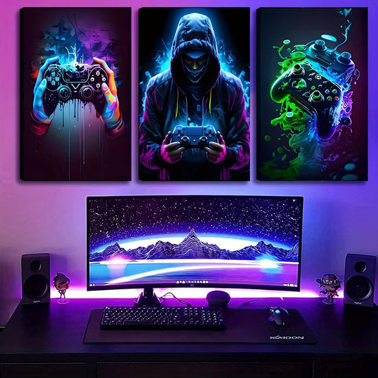 3pcs Retro Gaming Canvas Art Set - Colorful Neon Gamepad Watercolor Posters, Unframed Wall Decor for Boys' & Youngsters' Rooms https://www.temu.com/search_result.html?search_key=601099588585525