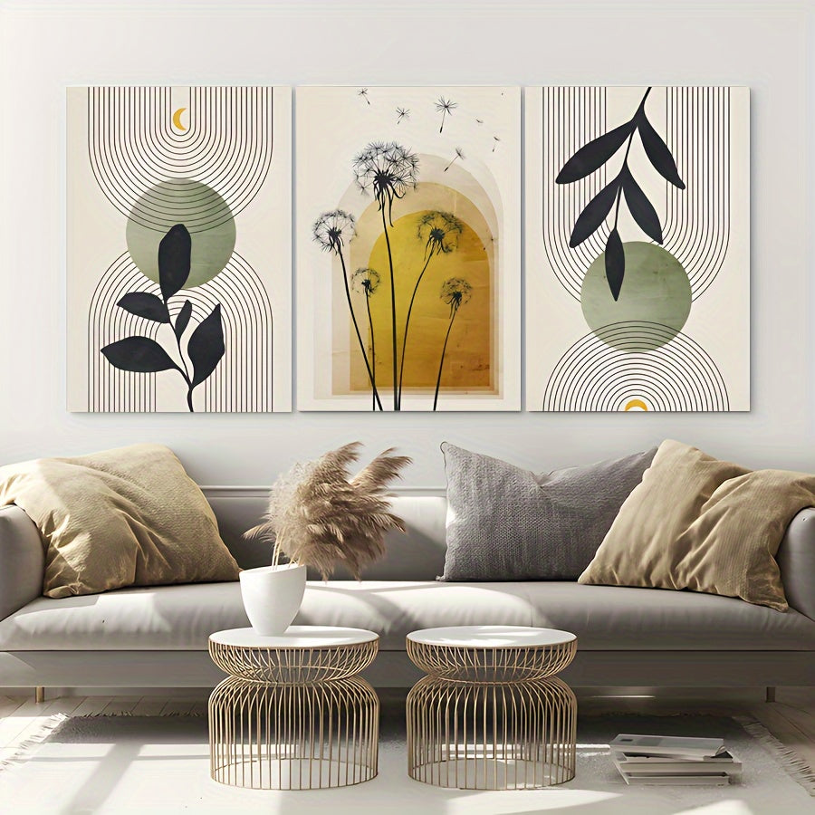 Set of 3 Boho Green Yellow Abstract Botanical Framed Canvas Poster, Modern Wall Art for Bedroom, Living Room, and Corridor, Ideal Decor and Room Decoration Gift