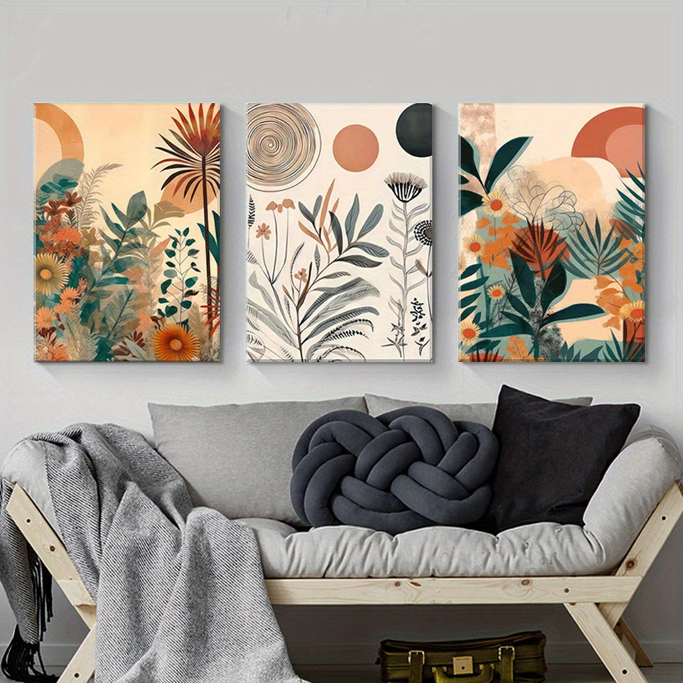 Set of 3 Boho Chic Wooden Framed Canvas Posters - Mid Century Modern Floral Wall Art with Neutral Simple Painting Style - Ideal for Bedroom, Living Room, Kitchen, Bathroom, Hallway, Office, Hotel Decor and Home Decor