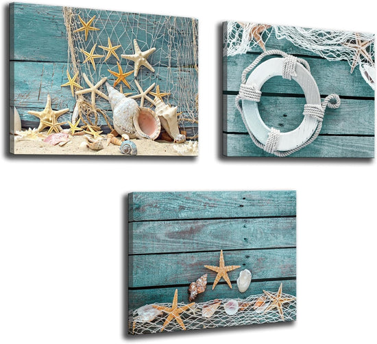 Biuteawal- 3 Piece Canvas Wall Art Starfish Shell on Teal Board Painting Prints Beach Nature Picture Canvas Artwork for Home Kitchen Bathroom Living Room Wall Decor Ready to Hang https://www.amazon.com/dp/B07K6D42KS