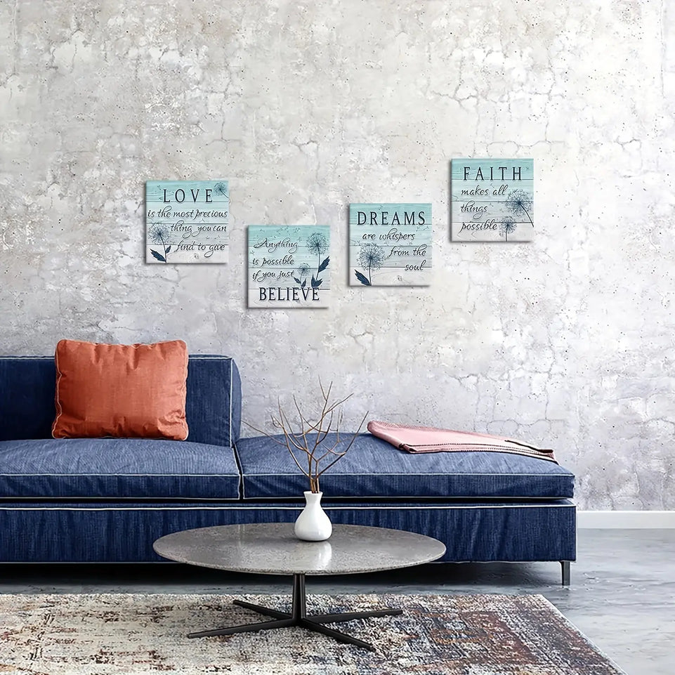 [4pcs Rustic Teal Dandelion Canvas] 4pcs Set Rustic Teal Dandelion Canvas Wall Art, Motivational Quotes, Frameless 16x16 Inch, Inspirational Home & Office Decor, Modern Aesthetic for Living Room, Bedroom, Gym, Cafe, Pub June Wall Art