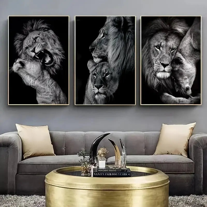 [3pcs Modern Art Canvas Poster] 3pcs Unframed Canvas Poster, Modern Art, Animal Family Poster, Lion Family Poster, Ideal Gift For Bedroom Living Room Corridor, Wall Art, Wall Decor, Winter Decor, Room Decoration June Wall Art