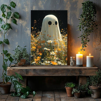 Cute Ghost in Flower Field Canvas Print - Whimsical Halloween Wall Art for Playful Home Decor