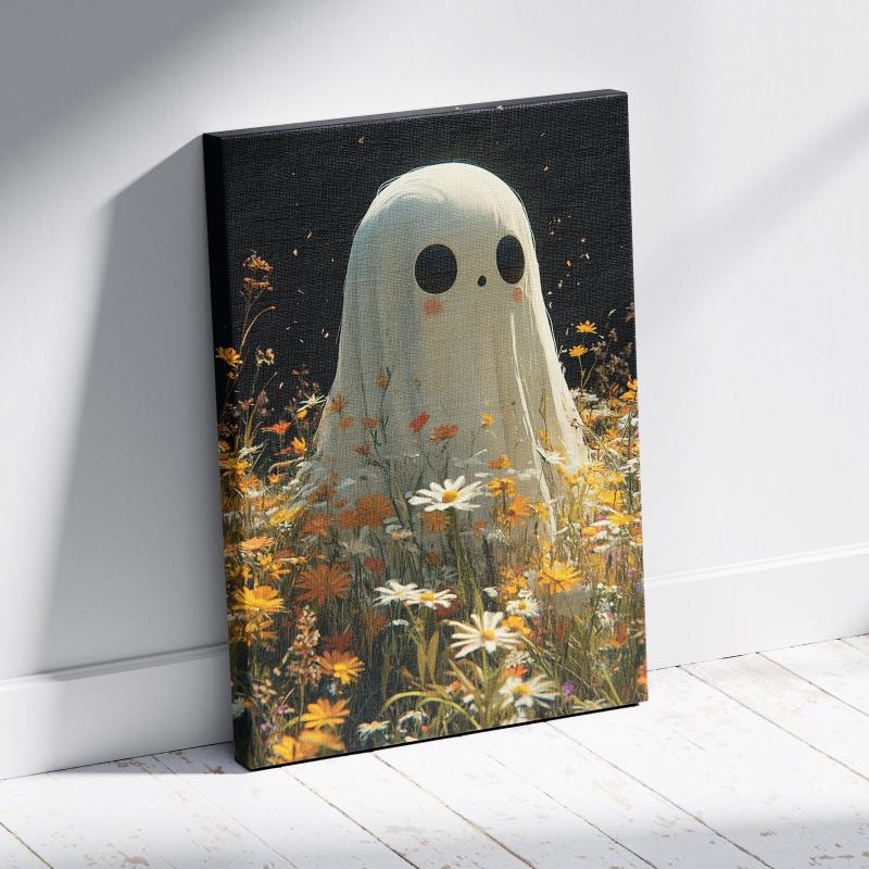 Cute Ghost in Flower Field Canvas Print - Whimsical Halloween Wall Art for Playful Home Decor