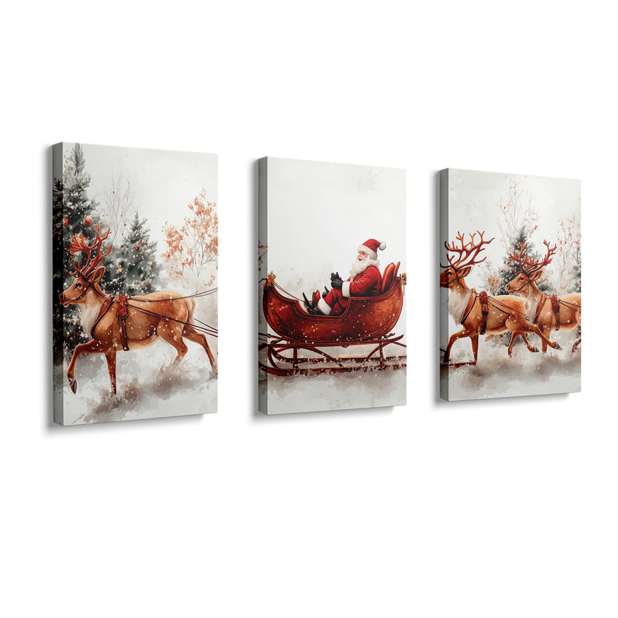 Santa Sleigh and Reindeer Canvas Print - Festive Christmas Wall Art for Holiday Home Decor