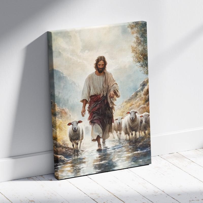 Jesus Shepherding Sheep Canvas Print - Inspirational Christian Wall Art for Faithful Home Decor