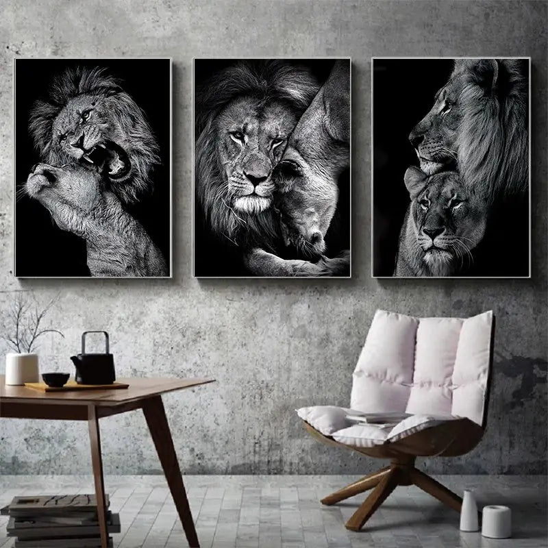 [3pcs Modern Art Canvas Poster] 3pcs Unframed Canvas Poster, Modern Art, Animal Family Poster, Lion Family Poster, Ideal Gift For Bedroom Living Room Corridor, Wall Art, Wall Decor, Winter Decor, Room Decoration June Wall Art