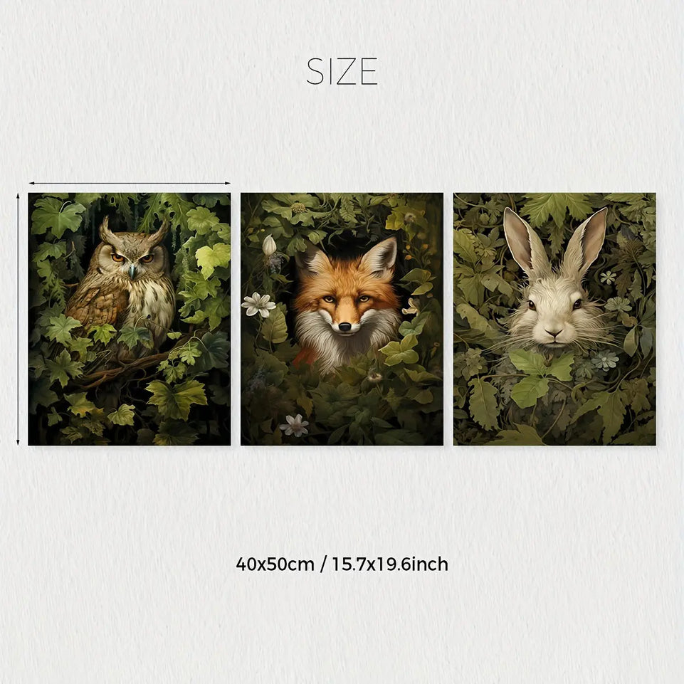 [3pcs Magical Forest Canvas Poster] 3pcs/set Unframed Canvas Poster, Retro Art, Magical Forest Animal Wall Art, Forest Witch Wall Art, Woodland Animal Poster, Ideal Gift For Bedroom Living Room Corridor, Wall Art, Wall Decor, June Wall Art