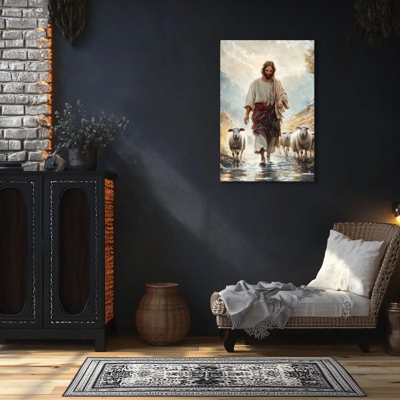 Jesus Shepherding Sheep Canvas Print - Inspirational Christian Wall Art for Faithful Home Decor