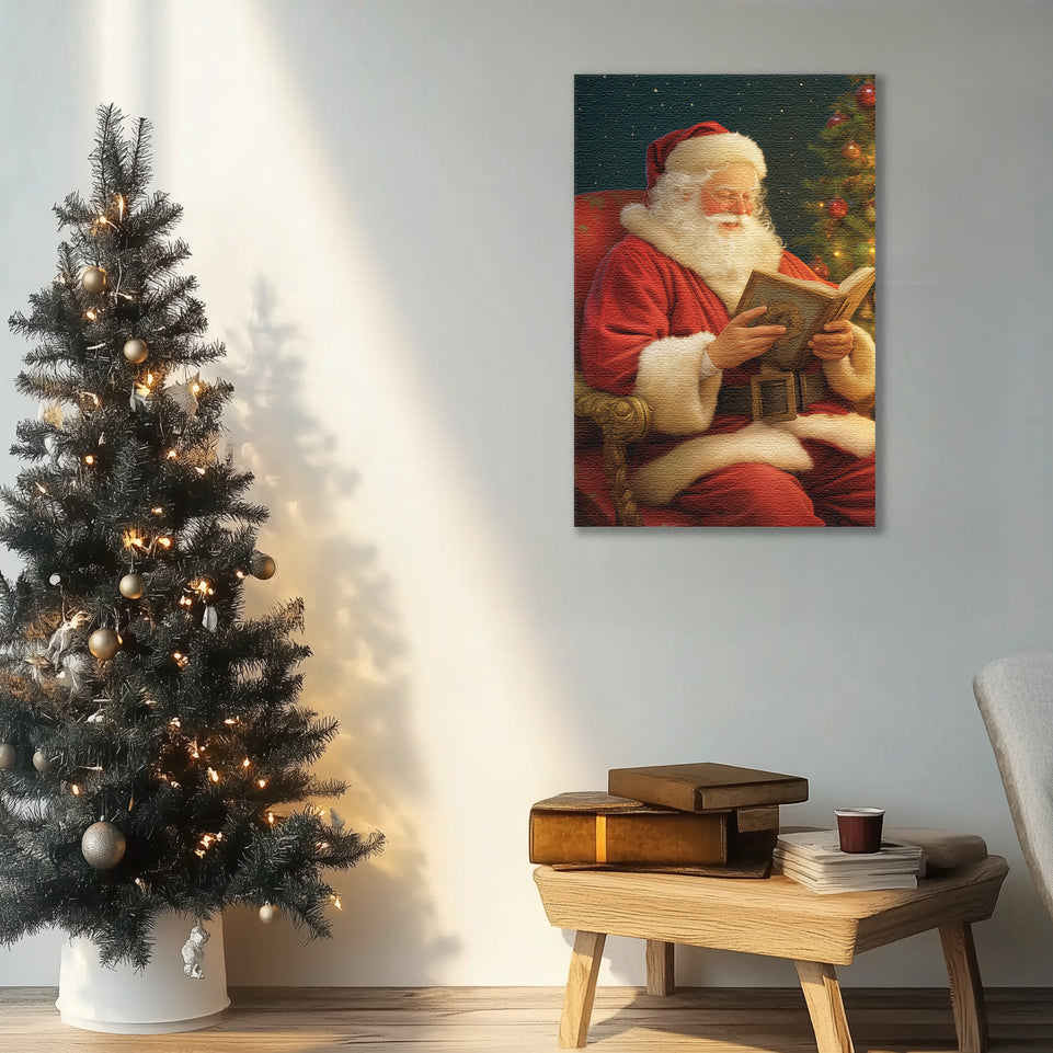 Santa Claus Reading Christmas Story Canvas Print - Festive Holiday Wall Art for Cozy Home Decor