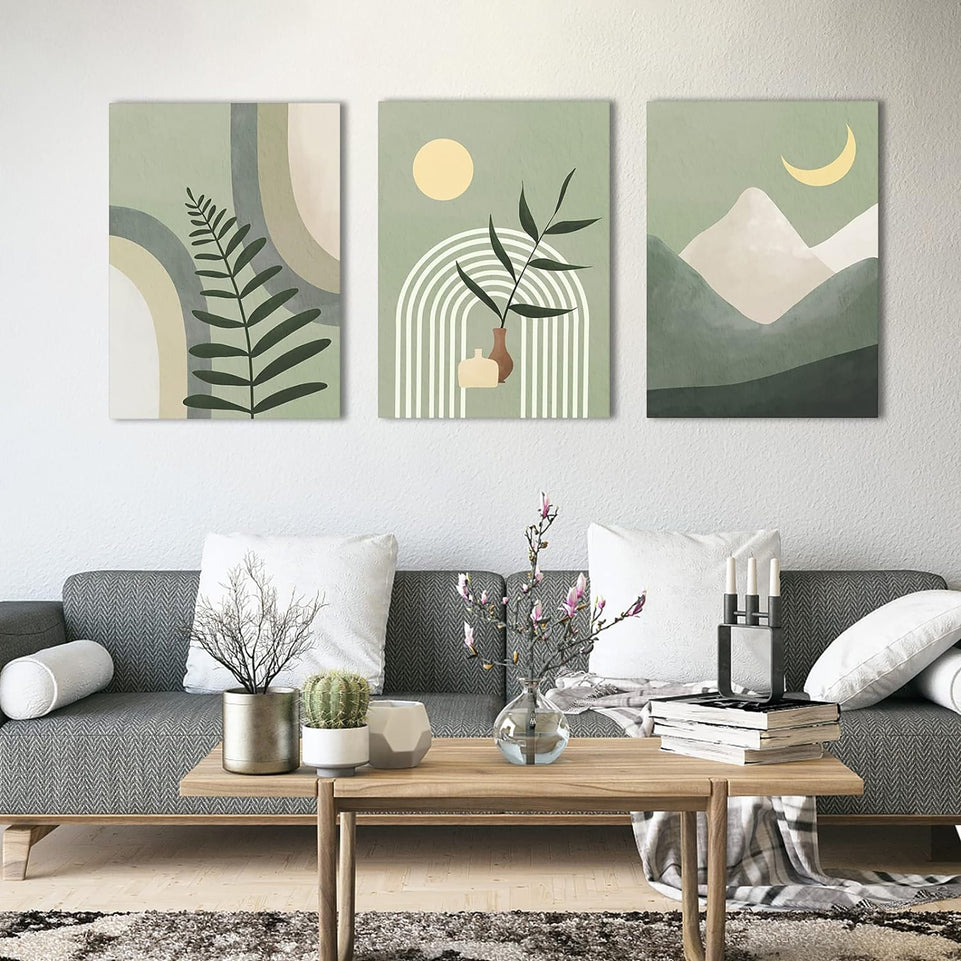 Set of 3 Boho Wall Art , Sage Green Minimalist Framed Canvas Wall Art Geometric Leaf Sun Moon Beige Green Canvas Artwork 16 x 12 inches/40.6 x 30.5cm for Bathroom Living Room Boho Wall Decor