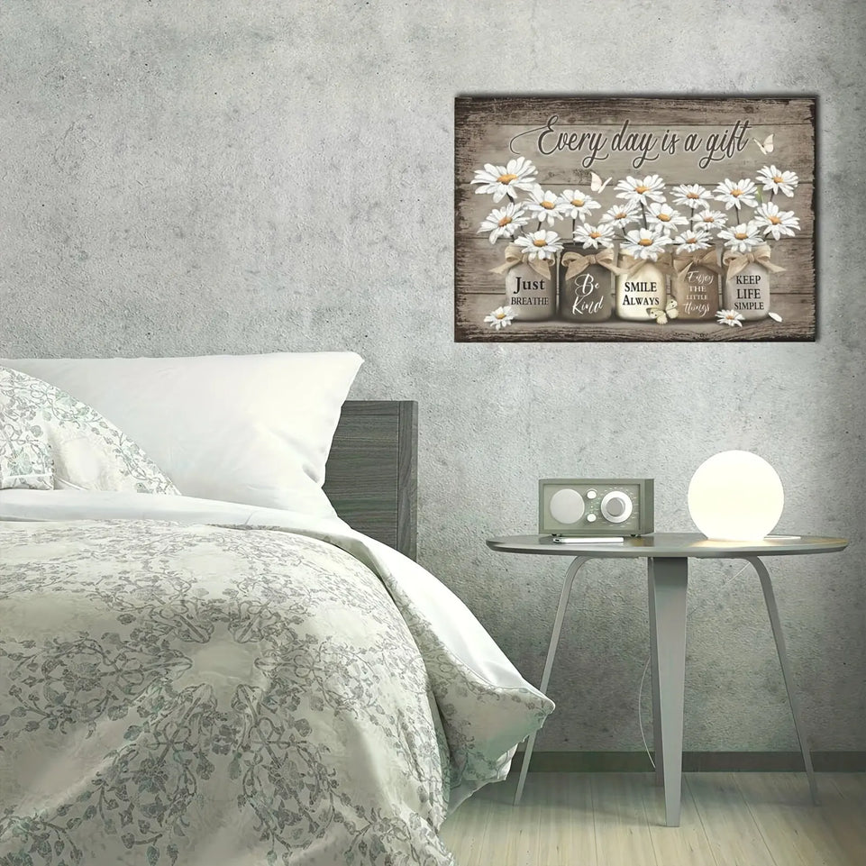 [1pc Rustic Daisy Butterfly Wall Art] 1pc Wooden Framed Rustic Wall Art Daisy Butterfly Gift Canvas Vintage Floral Wall Art, Flowers Inspirational Picture For Bedroom Living Room Bathroom Office Wall Decor Framed Home Decorat June Wall Art