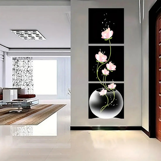 3pcs Elegant Pink Flower Canvas Prints Set - Frameless Square Wall Art with Sparkling Accents for Living Room & Entryway Decor, Machine-Printed on High-Quality Canvas, Elegant Wall Art|Minimalist Wall Art|Frameless Design, Ca June Wall Art