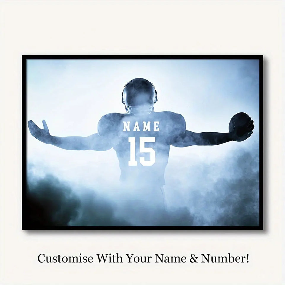 [1pc Customizable Football Poster] 1pc Customizable Football Canvas Poster - Your Name & Number, Modern Sports Wall Art, Perfect Gift for Dad, Husband, Son - Ideal for Bedroom, Living Room, Home Office Decor, Frameless, Footb June Wall Art